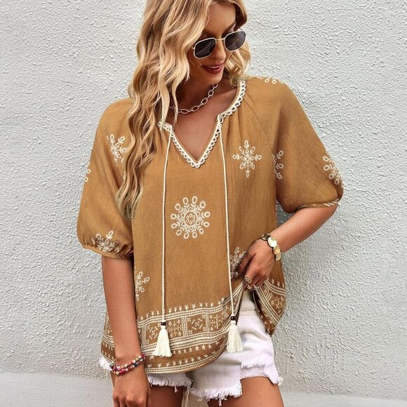 Womens Summer Boho Tops Casual V Neck Short Sleeve Blouses Floral Print Shirt Ti - Picture 5 of 7